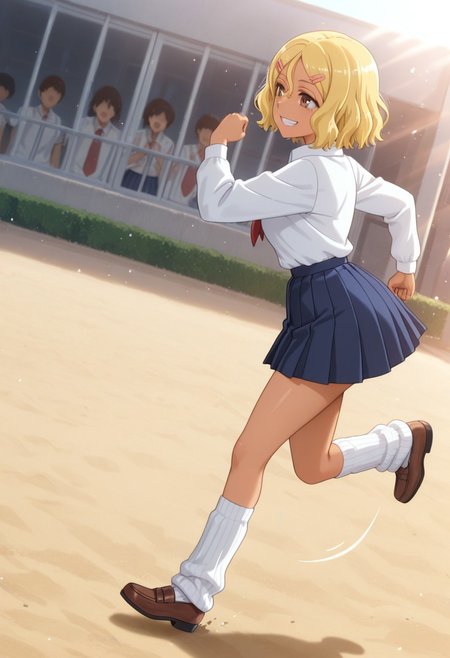1girl, solo, masterpiece, best quality, newest, absurdres, CG, anime, source anime, illustration, very aesthetic, high resolution, ultra-detailed, newest, scenery, medium depth of field, rule of thirds, masterpiece-level, clean lines, sharp, focused subject, 
BREAK 1girl, ((solo)), Sakura_LW, anime screenshot, blonde hair, short hair, hair ornament, hairclip, dark skin, dark-skinned female, brown eyes, gyaru
skirt, school uniform, shirt, long sleeves, pleated skirt, white shirt, blue skirt, shirt_partially_tucked_in, white socks, loose socks, brown footwear
dynamic pose, running, winning pose, smiling, grin, teasing, full body
outdoors, school yard, day, sunny, busy, crowd
motion lines, from both sides, cinematic angle, various angles, detailed background, beautiful background, (rays light:1.0),(grow:1.0), light particles