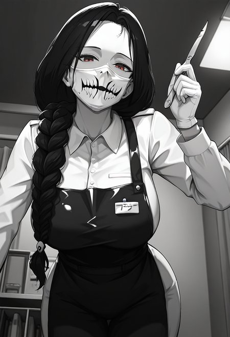 masterpiece, high quality, best quality, dramatic lighting, t4b00, 1girl, solo, monochrome, greyscale, black hair, long hair, braid, hair over shoulder, red eyes, dutch angle, looking at viewer, operating room, lamp, from below, low angle, bent over, ceiling, upper body, white face mask, white surgeon outfit, (holding scalpel:1.4), surgeon gloves, blood on mask, pov, one hand up, leather apron,