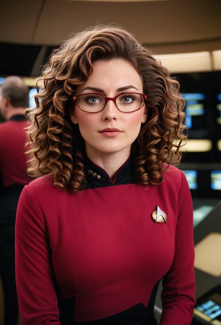 cinematic film still <lora:Style_StarTrekTNG-v17:0.8> Star Trek TNG, TV still beautiful woman, red uniform, glasses, command center, (brown curly hair), <lora:Char_zed-Sharley-SDXL:0.9>  . shallow depth of field, vignette, highly detailed, high budget, bokeh, cinemascope, moody, epic, gorgeous, film grain, grainy