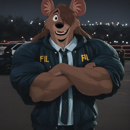 score_9, score_8_up, score_7_up, score_6_up, score_5_up, score_4_up, solo, 1 boy, FBI-Yena, Hyaenidae, Disney, Cartoon Character, Anthro Hyena, African Wild Dog, Furry Male, Tan fur, animal ears, black nose, black eyes, furry ears, real clothes, FBI Jacket, live-action clothes, ((long hair, brown hair, hair covering one eye, black lipstick,  hyper muscles))
