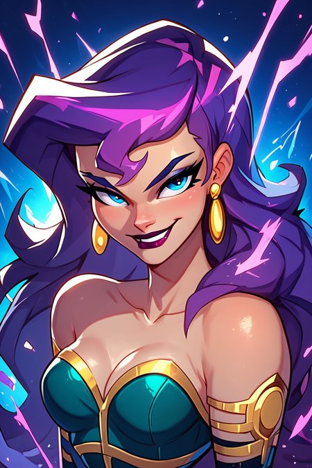 score_9, score_8_up, score_8, medium breasts, (curvy), cute, eyelashes,       BREAK, , ,,,    zzCirce, blue eyes, purple hair, long hair, bare shoulders, jewelry, earrings, makeup, lipstick, cleavage,  ,<lora:Circe_JLU_PDXL:1.0>,   ,,, , BREAK, embedding:zPDXL, Expressiveh, ,,, <lora:EnergyCAT:1.0>, solo, smile, looking at viewer, aura, blue sky, ,,, <lora:SDXLFaeTastic2400:0.5>, <lora:Expressive_H-000001:0.4>,