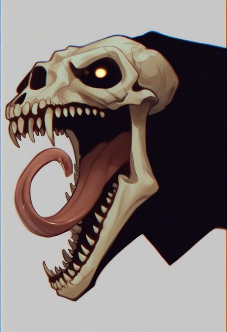 (7-Vectors) invncbl, artbook illustration, score_9, score_8_up, score_7_up,  score_6_up, score_5_up, score_4_up, solo, animal skull head, screaming, long split tongue, fangs, head closeup, black leather coat, horror atmosphere, side view, vhs grain, dark lighting, gold reflections, CRT grain, white noise glitch