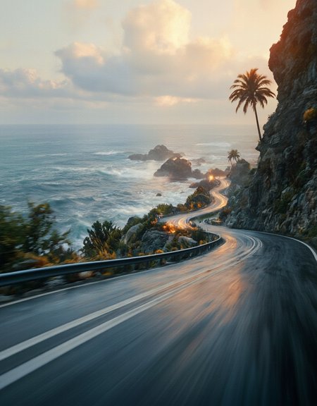<lora:City_Worlds_01_v1_Roads_flux:1>  realistic photo of citybkg, cyberpunk, day, clouds, sunny, ambiance, detailed, futuristic, vegetation, ambiance, day, clouds, very detailed, illuminated, reflections, mist, motion blur, speed, wet, rain, sunset, sun shades, mountain road, sea side road, from tail, palm trees, sea waves, rocky shore, sinuous road,