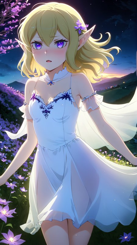 <lora:Ryu_Lion:1> <lora:Anime Enhancer XL V2:1>
1girl, RyuLion, RyuLion has dark blue eyes, RyuLion has blonde hair, RyuLion is an elf, 
RyuLion wearing a white transparent dress,
3D anime art, young woman on a hill covered in luminescent purple flowers, wind blowing through her hair, petals floating around, magical twilight setting, intricate details, glowing elements, vibrant and serene, high resolution