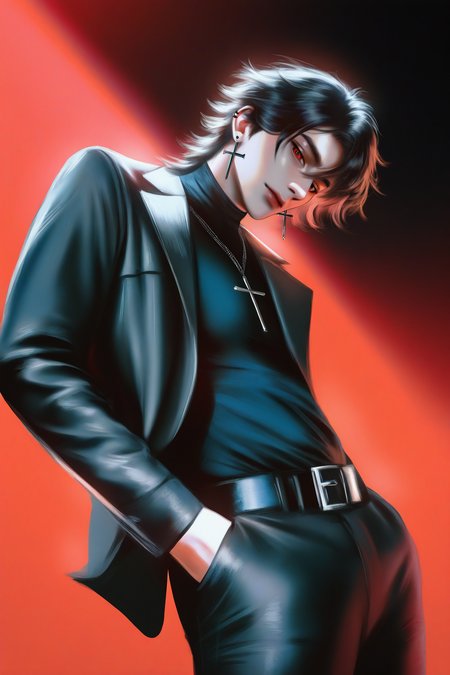 masterpiece, best quality, amazing quality, jewelry, 1boy, male_focus, solo, red_background, earrings, hands_in_pockets, necklace, pants, looking_at_viewer, belt, simple_background, closed_mouth, red_eyes, cowboy_shot, shirt, jacket, long_sleeves, black_hair, black_shirt, medium_hair, coat, turtleneck, black_pants, standing, short_hair, cross, open_clothes, shirt_tucked_in, looking_down, <lora:xte style NAI:1> xte style, hand draw style, brush style