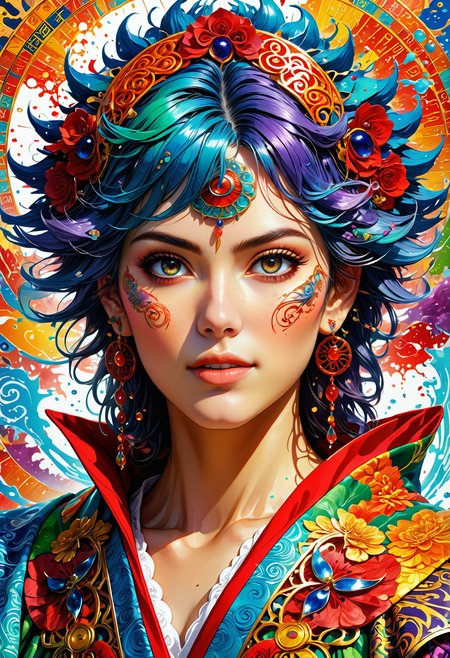 (((masterpiece))) , (((best quality))) , anime style, 2d,  intricate details, close-up shot of a  (attractive 1girl, solo:1.3) ,  wearing 1980'S robe, Gritty hair, Hyperdetailed  Eyes, Happy, atmospheric perspective, highly detailed face, dynamic dramatic beautiful full taking, stunning detail, complimentary colors, epic composition, Jed-Splash, colourful, <lora:ColourfulStyle:0.7>