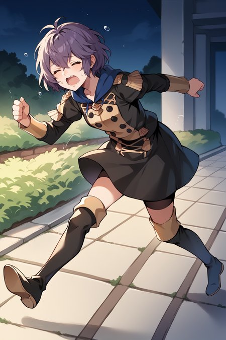 score_9, score_8_up, score_7_up, score_6_up, source_anime, 1girl BREAK <lora:bernadetta-pdxl-nvwls-v1:1> defBernie, messy hair, black uniform, hood down, black skirt, long sleeves, thigh boots, closed eyes, scared, open mouth, running, from side, night, dark, outdoors, garden, fantasy