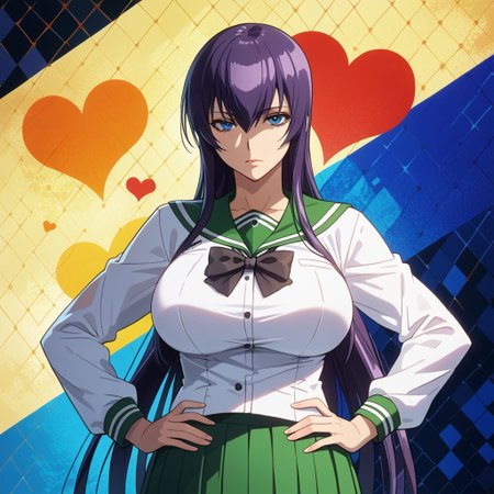 score_9, score_8_up, score_7_up, 1girl, looking at viewer, sunlight, abstract background, argyle background, rainbow, heart, upper body, close-up, portrait, 
<lora:Saeko_Busujima_Dwnsty_r1:0.8>, saeko_busujima, purple hair,  blue eyes, long hair, hair between eyes, school uniform, serafuku, green skirt, long skirt, pleated skirt, black bowtie,
lips, expressionless, large breasts, skindentation,  mature female, hands on own hips,
