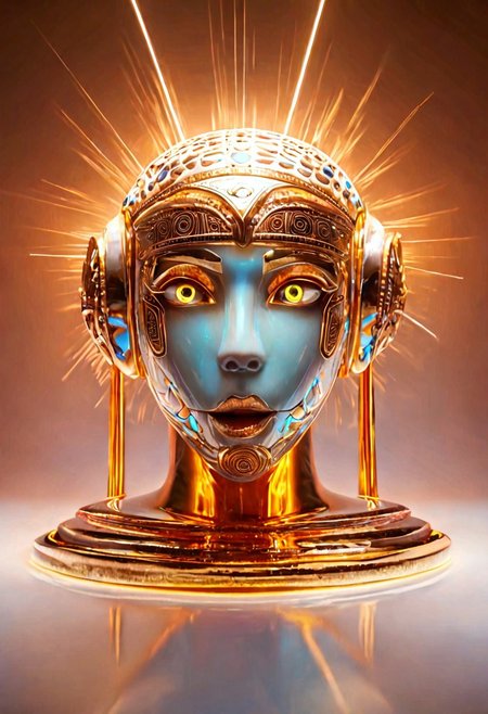 ((pmg)) style, score_9, score_8_up, score_7_up, score_6_up, score_5_up, score_4_up, ((closeup)), an HD photograph of an extremely futuristic stunning android with the head of a cat pale skin, wearing extremely intertwined armor clothing made entirely out of extreme gritty gold and glowing yellow eyes, vivid lighting, rim light, semi realistic, extremely detailed, sharp very subtle film grain, subtle neon blue accents