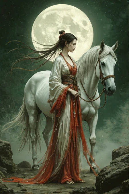 by Willem Haenraets,Brothers Grimm,Jean-Baptiste Monge,Alexandre-Évariste Fragonard,Leonardo Da Vinci,
fantasy,delicate,darkgreen, olivedrab, palegoldenrod, darkkhaki, copper-red ,full moon,eastern beauty,white horse,Oriental aesthetics,