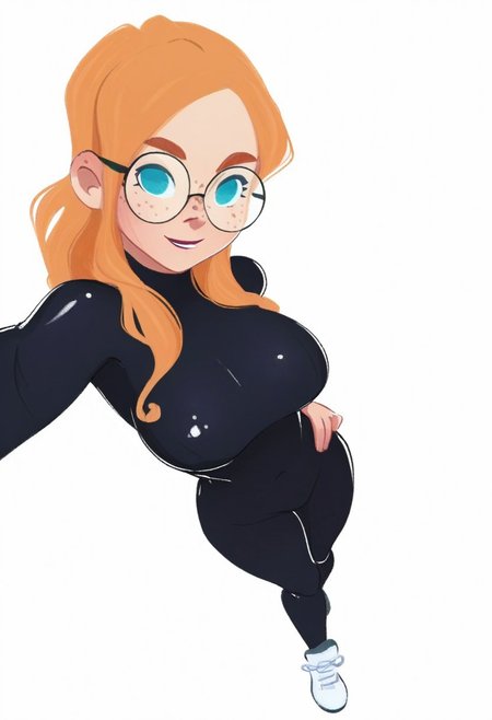 MSMLN, 1girl, solo, glasses, bodysuit, freckles, latex, latex bodysuit, black bodysuit, shoes, breasts, sneakers, long hair, orange hair, selfie, skin tight, smile, white background, full body, large breasts, from above, simple background, lips, standing, round eyewear, opaque glasses, hand on own hip, parted lips, masterwork, masterpiece, best quality, dynamic lighting , dynamic pose,,  dynamic angle, , , (realistic:1.2), (lineless:1.2), detailed, <lora:Detailer_NoobAI_Incrs_v1:1>,