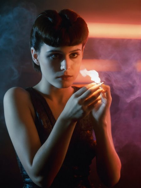 cinematic film still of rachael looking at the camera, holding cigarette, dark room, blade runner style, sunset, volumetric lighting (smoke:1.3)
 <lora:Blade Runner Style:1.2>