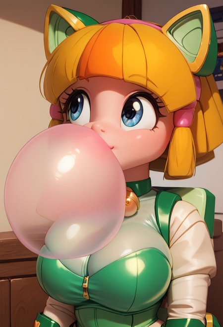 score_10 , score_9_up, score_8_up, score_7_up , score_6_up, vibrant colors, shiny_skin , detailed image, 
1girls , solo , <lora:otama.pony:1.4>, ( (otama) , (robot) , Neck Bell , blonde and orange hair ) , big breasts, leotard, curvy, cute, smiling, looking to the side, dynamic pose, Standing , green power armor, small triangle cat nose, 
bubblegum blowing, large bubble, (lips blowing clear transparent massive enormous gigantic huge bubblegum:1.3), one bubble, round bubble, transparent bubble,
looking upward, blowing with force, trying to blow up a huge bubblegum bubble