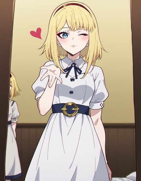 score_9, score_8_up, score_7_up, source_anime, <lora:taktop-destiny-s1-ponyxl-lora-nochekaiser:1>, destiny, short hair, bangs, blue eyes, blonde hair, hairband, medium hair, red hairband, medium breasts,, dress, short sleeves, puffy sleeves, belt, white dress, puffy short sleeves, collared dress,, dressing room, mirror, lights, costumes, makeup, smile, <lora:blowing-kiss-ponyxl-lora-nochekaiser:1>, blowing kiss, pucked lips, heart, one eye closed, o3o, hand up, bed room, bed, blush, cowboy shot, dutch angle,, looking at viewer, solo,, dutch angle, cowboy shot