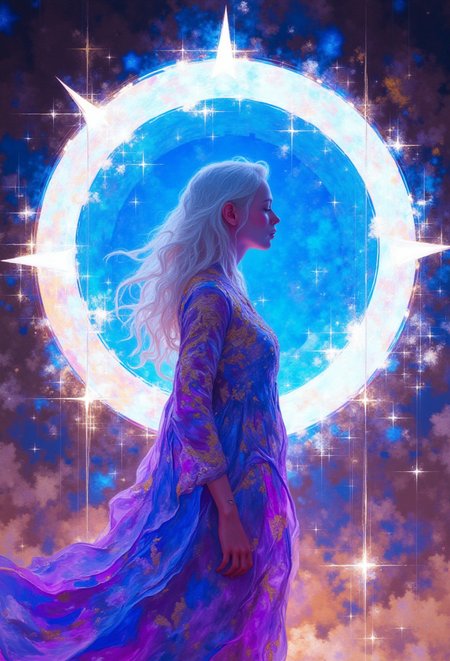 DB4RZ,<lora:FLUX-daubrez-DB4RZ-v2:1>,An ethereal woman with diaphanous, flowing white hair stands in profile against a large, luminous orb. The orb, reminiscent of a celestial body, radiates a vibrant, electric blue with a soft, gradient halo of pink and yellow. The woman, her features obscured in a graceful silhouette, is draped in a garment of iridescent, otherworldly fabric that shifts between hues of violet, magenta, and azure.  The lighting, emanating from the orb, casts a luminescent glow, emphasizing the ethereal nature of the scene. Focus on the interplay of light and color, creating a sense of celestial awe and mystery. A low camera angle amplifies the woman's presence against the vastness of the background. Imagine intricate embroidery on the fabric, echoing celestial patterns, and subtle shimmering particles in the air, adding to the otherworldly ambiance.  Hyperrealistic digital illustration, octane render, volumetric lighting, anamorphic lens flares, global illumination, high dynamic range, s-curve contrast, filmic gamma curve