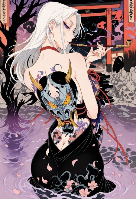 , best quality, amazing quality
, line art, line drawing, linesrt, shibari
, 1girl, solo, Nurarihyon, long hair, white hair, smoking pipe, pipe in mouth, purple smoke in pipe, kimono , hold katana, show back, look at viewer, 
, reveal upper body from the water, water reflection
, outdoors, lacquerware, sake, pink petals floating on the water,  Torii, Crooked dead tree
, black cloud, red smoke, steam, fog, Ukiyoe, close up, bloom
, shadow, local light, spot light, bottom light, title, from side
, back tattoo, tattoo on hips, ass tattoo, skull tattoo
, defocus, foreground, blurry
, ukiyo-e , dynamic pose, foreshortening, extreme perspective, fighting stance