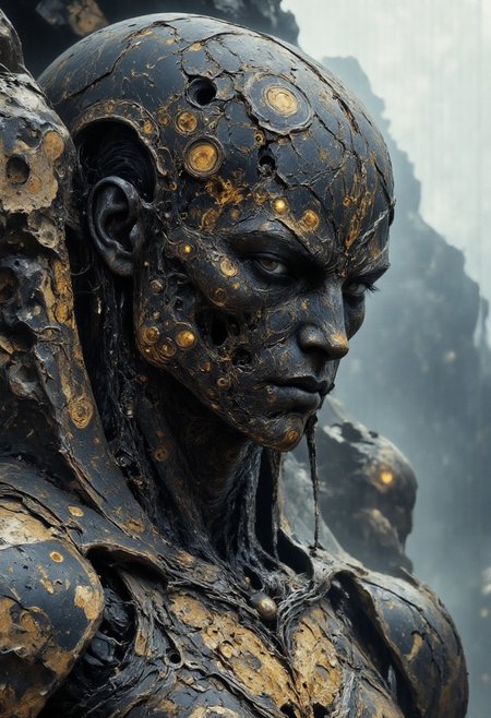 Capture an intimate, close-up portrait of a "Stone Cyborg," forged from the unyielding power of rock and precision mechanics. Her face is a seamless combination of rough-hewn stone and polished metal, with glowing cracks running like molten veins through her cybernetic implants. Tiny carvings of runes and geometric shapes adorn her features, blending primitive craftsmanship with futuristic design. The background is a misty mountain range, with boulders and faintly glowing mineral deposits adding depth. Subtle motes of dust hang in the air, amplifying the raw, elemental tone.