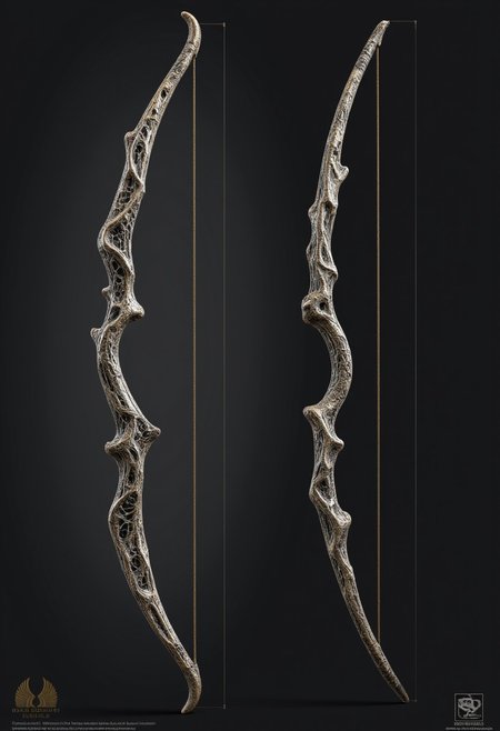 A longbow crafted from the petrified remains of an ancient tree, its limbs streaked with veins of silver. The bowstring is woven from enchanted silk, taut as a blade, humming faintly when plucked. The grip is smooth, polished by centuries of use, fitted with inlays of obsidian and ivory. When an arrow is drawn, the shadows around the archer flicker unnaturally, bending slightly, as if eager to assist in delivering death from afar.
   , aidmamjv7, aidmaHyperrealism, aidmaimageupgrader