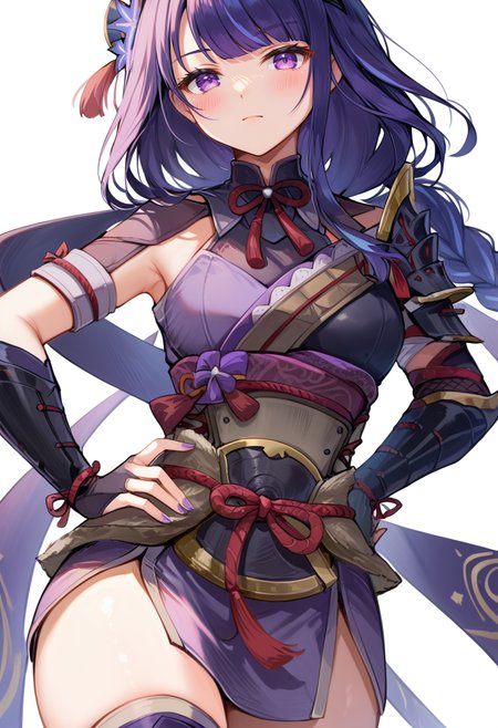 (score_9:0.9),score_8_up,score_7_up,rating_safe,(zPDXL),<lora:kamura armor ponyXL v1:0.76>,1girl,solo,looking at viewer,blue gauntlets,white background,simple background,blush,black shoulder armor,closed mouth,kamura armor,blue scarf,weapon on back,blue headband,cosplay,raiden shogun,hand on own hip,