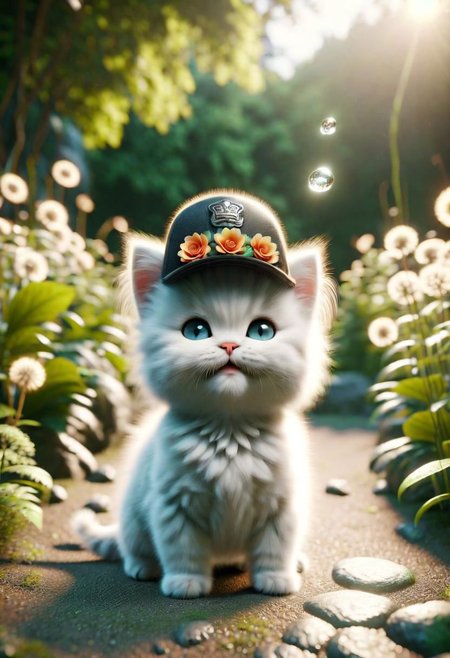 ral-fluff,<lora:ral-fluff:1>,
chibi,masterpiece,best quality,original,official art, silver metallic kitten,hat,flower,blurry background,rendering,beautiful detailed glow,(detailed ice),beautiful detailed water,sunny, blurred flower, happy,grin, ral-fluff