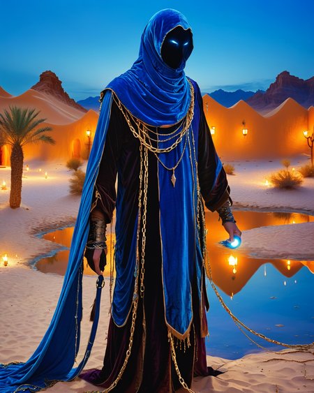 hooded human sorcerer standing at a desert oasis, velvet, chains, water, reflections, blue hour, intense colors, high contrast, camel, warriors, <lora:add-detail-xl:1.0>,  <lora:xl_more_art-full_v1:0.4>,  <lora:XSfenlie:1> fenliexl, <lora:lora:1>, realistic photo
