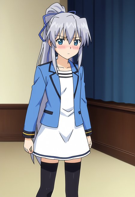score_9, score_8_up, score_7_up, source_anime,
BREAK
1girl, solo, 
anime screencap, anime coloring, 
<lora:shiKranjarV1:1>, shililianaalt, long hair, blue eyes, grey hair, hair ribbon, ponytail, 
alternate costume, white dress, ribbon, blue jacket,black thighhighs, 
looking at viewer,  blush,