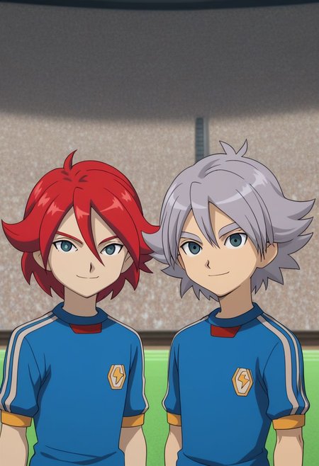 score_9, score_8_up, score_7_up, source_anime, highly detailed, skinny, slender, 2boys,
hiroto2, 1boy, soccer uniform, sportswear, red hair, upper body, tracksuit, smile, BREAK 
fubuki2, 1boy, soccer uniform, sportswear, smile, raimon soccer uniform, raimon, grey hair,
standing, hands on shoulders, posing for a photo