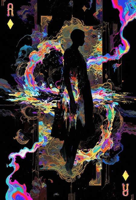 psycho_4rt, glitch art, surrealism, abstract composition, the Woman's silhouette as the central figure, dark yet vibrant colors, (playing card background: Woman card), intricate and fragmented designs resembling digital errors, distorted patterns, bold contrasting hues, (psychedelic effects:1.3), flowing textures and surreal shapes. The Woman  is surrounded by glitchy distortions, broken pixel art effects, vibrant light streaks, and surreal dreamlike haze. The entire composition merges with the theme of a cute woman playing card, with card details subtly embedded in the design. High detail, cinematic lighting, atmospheric and moody, visually striking. pscho_4rt, surreal, abstract, glitch, dismal