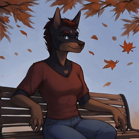score_9, score_8_up, score_7_up, rating_safe, source_furry, anthro, dark theme, low light, furry, sketch style, werewolf, doberman, short spikey hair, jeans, red shirt, 1girl, solo, looking at viewer, sitting, on bench, bench, outdoors, forest, autumn, falling leaves <lora:NAI3 Smooth Boys Low Light Style LoRA_Pony XL v6:0.8>