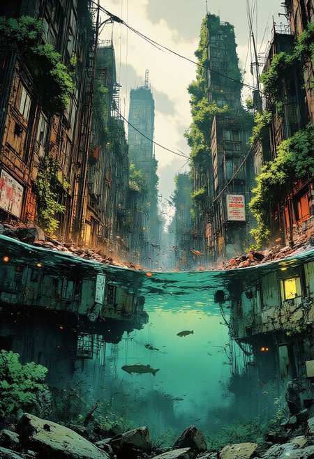 A breathtaking post-apocalyptic cityscape where nature has reclaimed urban ruins. The scene is divided into two parts: above the water, towering skyscrapers and old buildings are covered in lush green vegetation, with vines and trees growing on their surfaces. The city streets are completely submerged in water, creating a surreal, flooded metropolis. The atmosphere is misty, with birds flying between the decayed buildings. Below the water, a stunning underwater ecosystem thrives—clear blue water reveals fish, rocks, and aquatic plants, creating a contrast between decay and renewal. The lighting is soft and natural, emphasizing the beauty of nature overtaking human civilization. The style is realistic with elements of sci-fi and environmental storytelling.