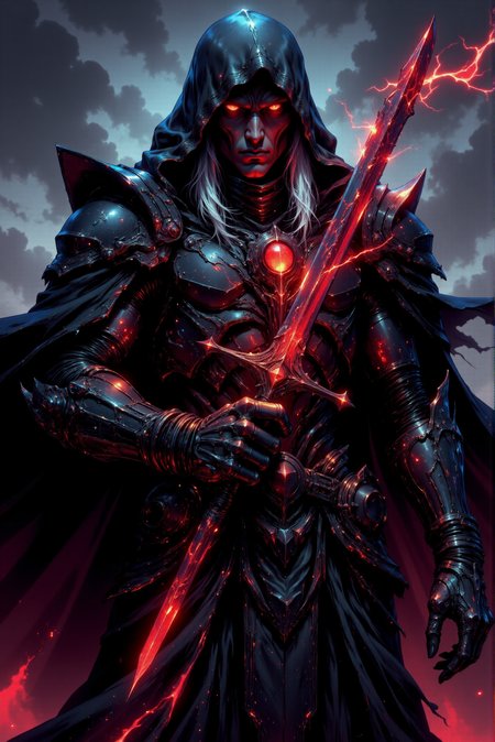 The figure emanates an aura of dread and dark power, clad in layered, angular armor with a sleek, gothic aesthetic. The armor is primarily a deep slate gray, accented with veins of faintly glowing crimson that pulse with a sinister energy. Intricate patterns of black and red adorn the chest plate, where a glowing blood-red gem sits embedded, radiating a malevolent light that matches the fiery intensity of the figure's eyes beneath a shadowed hood. Long, white hair spills from under the hood, contrasting sharply with the darkness that engulfs the rest of the figure. The tattered, flowing cloak, textured with ragged edges and fraying threads, adds to the overall eerie appearance, with dark hues of black and gray subtly shifting to deep maroons and purples in the folds. The armorâs gauntlets feature sharp, claw-like fingers enveloped in a haze of flickering, red spectral flames that seem to writhe and twist with a life of their own. In the figure's hand is a jagged, crimson blade forged entirely of glowing, crackling energy, its irregular edges emanating sparks and tendrils of red light that dissipate into the surrounding air. The sword's form is dynamic and fluid, as though it were alive, pulsating with raw, destructive force. The subdued background, a gradient of stormy gray tones, enhances the figureâs prominence while suggesting an ominous and desolate atmosphere. The use of muted blues and purples in the shadows of the armor contrasts vividly with the fiery reds, creating a balanced yet dramatic palette. The comic style features sharp, defined line work and bold color contrasts, emphasizing the intricate details of the armor and weaponry while maintaining a sense of foreboding energy.
<lora:FLUX_Bioluminescent_Concept:1.0> bo-bioluminescent.  <lora:Midjourney_-_SemiReal_Dreams_FLUX_LoRA:0.7>  <lora:Dark_Gothic_Comic_style_v.2:0.7> DGC style.