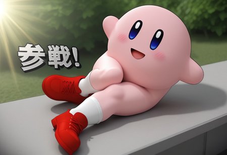 score_9, score_8_up, score_7_up,
source_anime, 3D,
BREAK 
soro,LongKirby, dark blue eyes, pink body, blush,red shoes,
 BREAK
(sbsp-joins-the-battle),
laying on side,