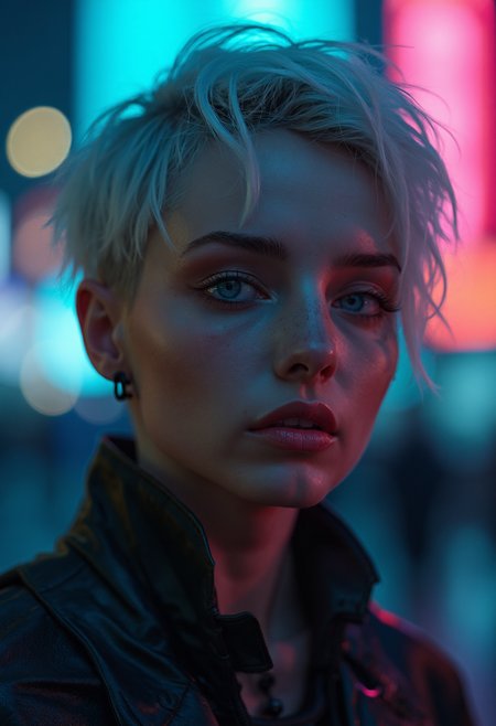 In a dystopian cyberpunk world, a 22-year-old woman with a futuristic cyberpunk aesthetic dominates the frame, 