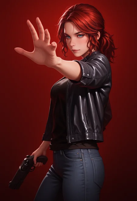 masterpiece, best quality, amazing quality,j3ss3, <lora:jesseFaden_illustrious_byJaneB:1> 1girl, solo, 
jeans, black shirt, jacket, outstretched hand, red background, holding, holding gun,