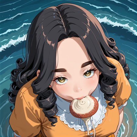 PonyScores7, source_anime, ah1, IllustriousQual, <lora:natsumi_style:0.5>, <lora:by_usakun-pony:0.4> by usakun, <lora:Akina_Bbw_Style_-_PonyXL:0.2> AkinBw, (zoom_out:1.8), ((from above) (from back) view medium, focus on waist), 1girl, mature female, (round face:1.2), (thick eyebrows:1.3), (curvy), round-chin, caucasian, (plump face), <lora:Round_face:0.2>, <lora:ETO_OCPonyXL:0.3> eto_oc, skindentation, (plump), thick thighs, wide hips, busty, voluptuous, lips, <lora:venus body PonyXL:0.3>, <lora:shinyskin2:0.2> glistening skin,  (((curly hair), long hair, (black hair:1.4), (parted hair:1.7), messy hair, kinky curls, <lora:hairdetailpxl:0.2> hairdetailpxl)), ((half green and brown eyes), (colorful eyes), (multicolored eyes), (downturned eyes:1.4), <lora:expressive eyes:0.2> expressive eyes, <lora:eyedetailpxl:0.2> eyedetailpxl, <lora:Eyes_High_Definition:0.2> EyesHD), ((fear face expression,  <lora:Expressive_H:0.2> Expressiveh, <lora:Emotional_Anime_Expressions_PonyXL_Concept:0.2> emotional, <lora:Best_Facial_Expression_LoRA_PONY:0.2>, looking at viewer, <lora:Detailed expressive EXEV style -XL Pony V1.0:0.2> FaceDetail)), ((eating Portobello Mushroom)), yellow and Orange Gown with a Velvet Trim, (((river with rapids, white water rushing past boulders, waves, shores))), <lora:xl_more_art-full_v1:0.2>, <lora:aesthetic_anime_v1s:0.2>, <lora:EpicF4nta5yXL:0.2>, <lora:detailxl:0.2> detailxl, <lora:Fant5yP0ny:0.2>, best quality, amazing quality, best aesthetic, absurdres, illustration, Volumetric_Lighting, ultra-detailed, very aesthetic, intricate details, 8k, masterpiece, best_quality, Stable_Yogis_PDXL_Positives, AS-Adult, <lora:Complicated fantasy portrait - XL Pony V2.0:0.2>, bad-hands-5, <lora:HDA_Detailer:0.3>, HDA_FatGirlXL
