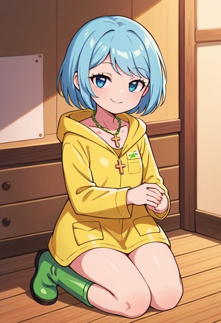score_9, score_8_up, score_7_up, BREAK
highres, highly detailed, high resolution, high quality, 
source_anime, anime screencap, saturation, vivid colors, 
1girl, solo, luce, full body,
light blue hair, big dark blue eyes, short hair, cute,
(long yellow raincoat:1.1), green rubber boots, 
cross necklace,
squinting eyes, half-closed eyes, smile, naughty face, closed mouth, looking at viewer,
a girl holding a cross in her one hand, on knees, kneeling, sitting, holding, holding cross, outstretched arm, offers cross,
pikaole, cute, bokeh,
room background, wooden chest, 
(side view:0.5), (high angle:0.7),