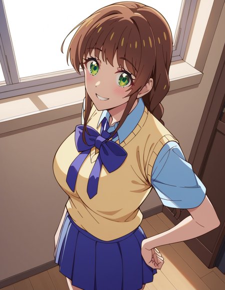 score_9, score_8_up, score_7_up, source_anime, uncensored, <lora:StS_detail_slider_v1:3>, zPDXLxxx, <lora:Shiori_Sakurazaka_PONYXL_VexVexX:1>, ShioriSakurazaka, green eyes, brown hair, braids, twin braids, long braids, long hair, bangs, hair behind ear, medium breasts, school uniform, blue skirt, blue shirt, short sleeves, collared shirt, blue bowtie, sweater vest, yellow vest, cowboy shot, bedroom, from above, standing, looking back, one hand on hip, thighs, looking at viewer, smile,