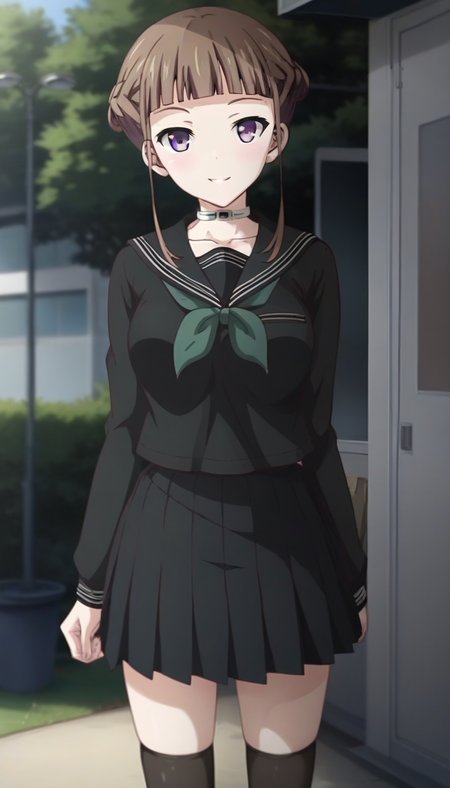score_9,score_8_up,score_7_up,score_6_up BREAK official art,solo,outdoors,cowboy shot,looking at viewer,facing viewer,smile,blush,Manaka Nemu,brown hair,short hair,single hair bun,french braid,sidelocks,blunt bangs,purple eyes,choker,collarbone,school uniform,black sailor collar,black shirt,green neckerchief,long sleeves,medium breasts,black skirt,pleated skirt,black thighhighs,loafers,<lora:Manaka Nemu(euphoria)-Pony:1.6>,