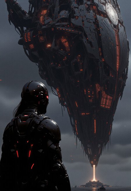 concept art, female cyborg wearing a mask and a visor, black sci-fi clothes, looking at the camera, eye contact, futuristic, a_skynet_cyberdyne_systems_craft, the image is featuring a fractal shaped Artemis Station spaceport megastructure of a Colossal scale in background, dark metallic surfaces glistening with condensation from the mist, red glowing diodes and lights. The camera is set at ground level, looking up at the overwhelming scale of the station, action packed, interesting composition, cinematic, dramatic lighting, dark overcast sky, scifi planet. perfect focus, depth of field the view from afar