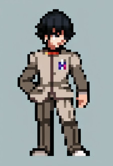 score_9, score_8_up, score_7_up, source_anime, BREAK, solo, 1boy, looking at viewer,  <lora:Leanboox-Sprite-Style-pdxl_Fp:1>, simple background, full body, pixel art, <lora:Naoya-pdxl_Fp:0.8>, naoyap1, school uniform, grey pants, single earring, emblem. black hair, black eyes, short hair,