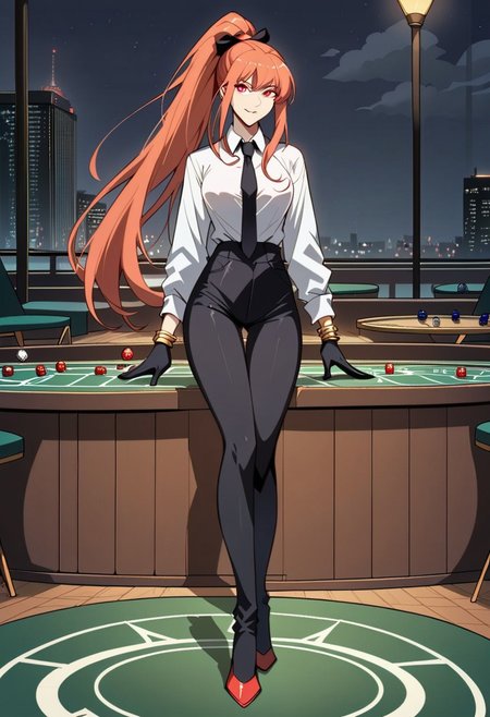 score_9, score_8_up, score_7_up, 1girl, night, indoor, in a casinò, full body, dynamic shot, from high, long legs standing behing a poker table, green table, solo, dynamic pose, Feng Ling, orange hair, red eyes, medium breast, long hair, ponytail, black pants, white shirt, long sleves shirt, black gilet, black neck tie, red heels, gold slim bracelets, black gloves, looking at the viewer, long legs, nice legs, white hips ultra detailed, masterpiece, <lora:add-detail-xl:1>, <lora:StS_PonyXL_Detail_Slider_v1.4_iteration_3:4>