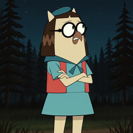 8k, uncensored, masterpiece, best quality, highly detailed, realistic, 1girl, solo, AlmondineCL, furry, anthro, avian, owl, brown hair, medium hair, black eyebrows, thin eyebrows, black glasses, round glasses, black eyes, brown beak, light-tan skin, teeth, angry, closed mouth, dark-blue beret, blue topwear, scout outfit,  (looking away, standing, grass, forest, trees, front view, detailed background, flat chested, ((4 fingers)), (arms crossed) feet out of frame, blue skirt,  short female, (night sky)