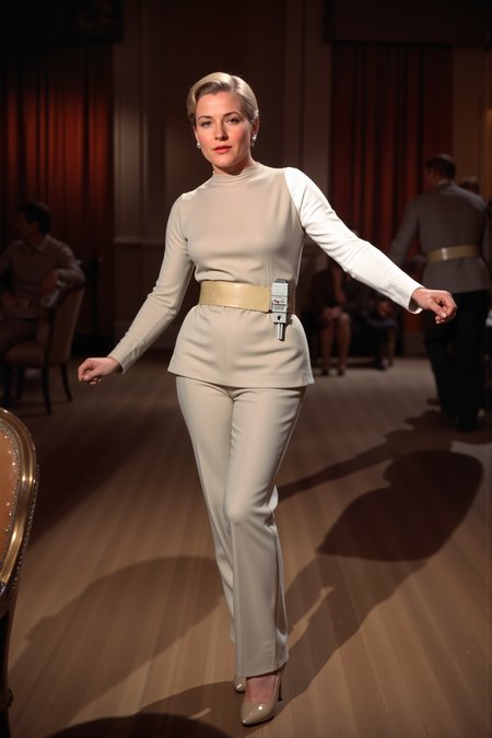 a mature short haired 50s filmstar with retro hairstyle wearing beige s1999unf with right white sleeve and beige pants is dancing alone on the 1950s dancefloor<lora:S1999_FLUX><lora:aidmaMJ6.1-FLUX-V0.1:0.6><lora:Movie_Portrait><lora:Flux DetailerV2>