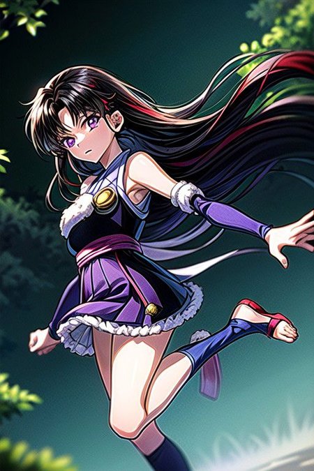 masterpiece,  best quality 1girl Setsun4 solo long hair,  (night time) forest background black hair very long hair purple eyes multicolored hair armor (fur trim) (medium body),<lora:EMS-179-EMS:0.800000>,<lora:EMS-293862-EMS:0.800000>ascot, bare shoulders, black footwear, detached sleeves, embellished costume, frills, japanese clothes, nontraditional miko, red skirt, sandals, sarashi, skirt, socks, armor, miko