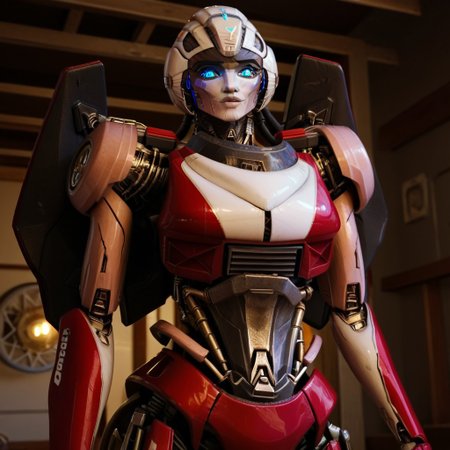 score_9, score_8_up, score_7_up, screencap, detailed eyes, arceerotb, autobot, 1girl, red and white body, mechanical parts, robot, helmet-like head, robotic face, glowing blue eyes, autobot symbol on forehead, fairing-like chest, wheels on back, 'ducati' printed on right leg, narrow waist, unique pose, sunny, arms crossed, unique angle, waist-up view