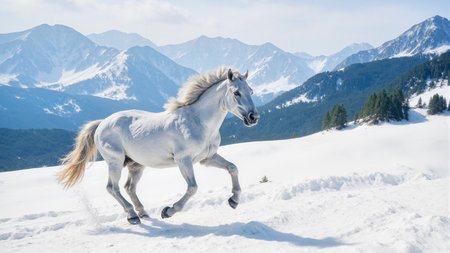 A white horses running through snowy mountains in winter,mid-range shot,realistic photography style. Sunlight shines on the snow-covered ground,with snowflakes kicked up by its hooves. The background features rolling snow-covered mountains and sparse pine trees,with crisp details and a cool color palette to emphasize the cold atmosphere.,<lora:kmountains-01:0.8>,kmountains,