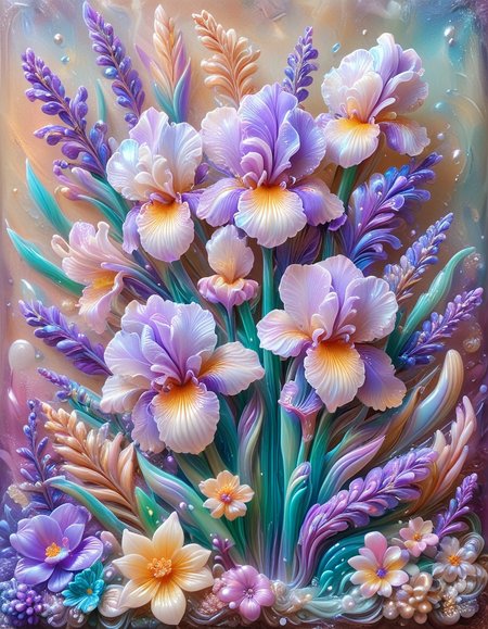 floral still life with irises, irises, lavender   <lora:PinkieIriJllySDXL-v1:0.8> made out of iridescent jelly p1nk1r1j3lly <lora:novuschroma54 style:0.9> novuschroma54 style
