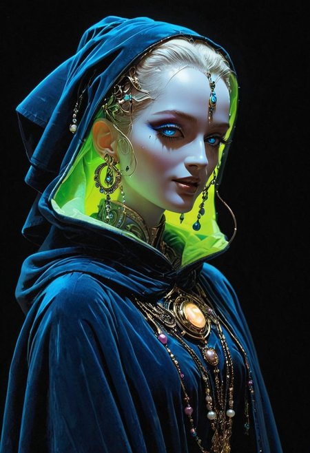 soaked_mundwasser, an excentric laughing feudal wired-cyborg Rococo shinobi resembling the girl with the pearl-earrings, vibrant neon colorful, 80s synthwave style, translucent DARK-blue velvet high collar blouse, the face shrouded in darkness, a Large hooded Linen Cape with Highlights and Ornaments, volumetric lighting, ultra detailed, deep Blacks, very detailed, atmospheric haze, Film grain, cinematic film still, shallow depth of field, highly detailed, high budget, cinemascope, moody, epic
