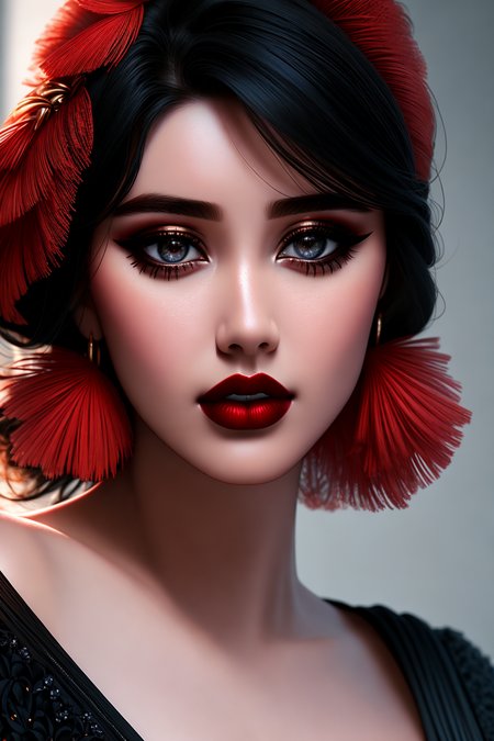 Masterpiece, high quality, 4K, beautiful design, shiny, from the front, award winning photo, extremely detailed, amazing, fine detail, absurdres, highly detailed woman, extremely detailed eyes and face, by lee jeffries nikon d850 film stock photograph 4 kodak portra 400 camera f1.6 lens rich colors hyper realistic lifelike texture dramatic lighting unrealengine trending on artstation cinestill 800 tungsten, solo, 1girl,
fanbingbing, a woman in a black dress,  wearing fanbingbing fashion, red feathers
 <lora:FanFashion:0.825>