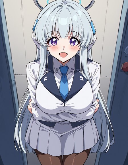 score_9, score_8_up, score_7_up, source_anime, <lora:noa-ushio-ponyxl-lora-nochekaiser:1>, noa ushio, purple eyes, grey hair, blunt bangs, long hair, sidelocks, large breasts, mature female, blue necktie, halo, headphones, long sleeves, mechanical halo, necktie, pantyhose, shirt, skirt, suit, two-sided fabric, two-sided jacket, uniform, white jacket, white shirt, white skirt, white suit, phone booth, glass, phone, street, retro, smile, <lora:x-arms-ponyxl-lora-nochekaiser:1>, x arms, blush, open mouth, leaning forward,, looking at viewer, solo,, dutch angle, cowboy shot